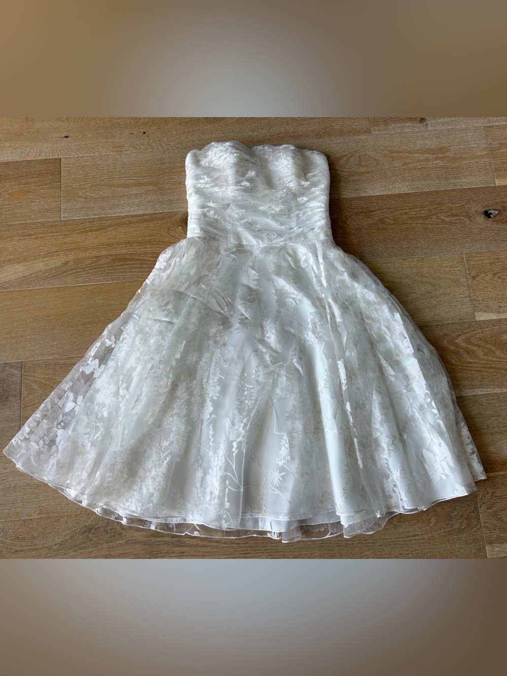 Galina Strapless Sleeveless A-Line Knee-Length White Satin Lace Dress Size 12